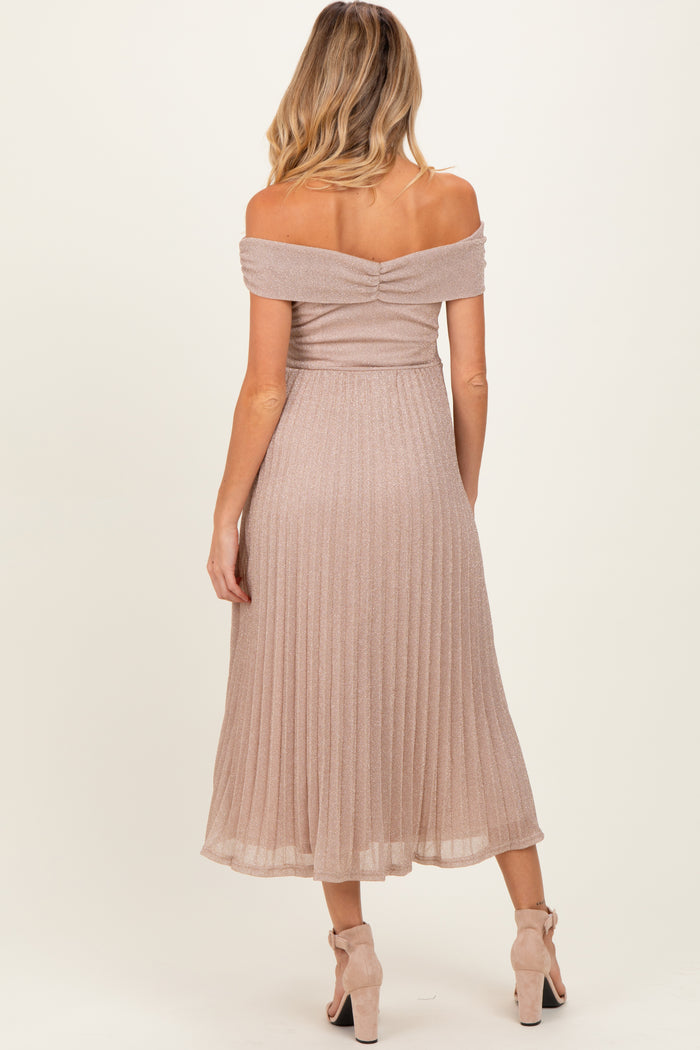 Beige Shimmer Off Shoulder Pleated Maternity Midi Dress