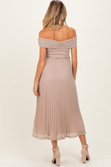 Beige Shimmer Off Shoulder Pleated Maternity Midi Dress