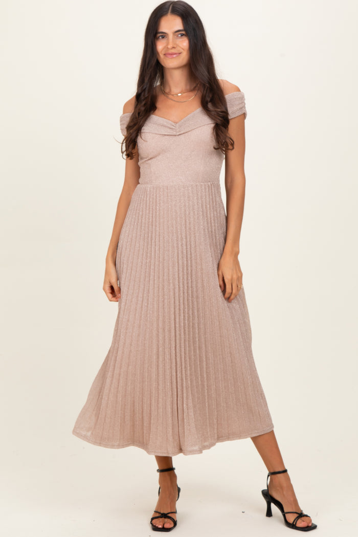 Beige Shimmer Off Shoulder Pleated Maternity Midi Dress