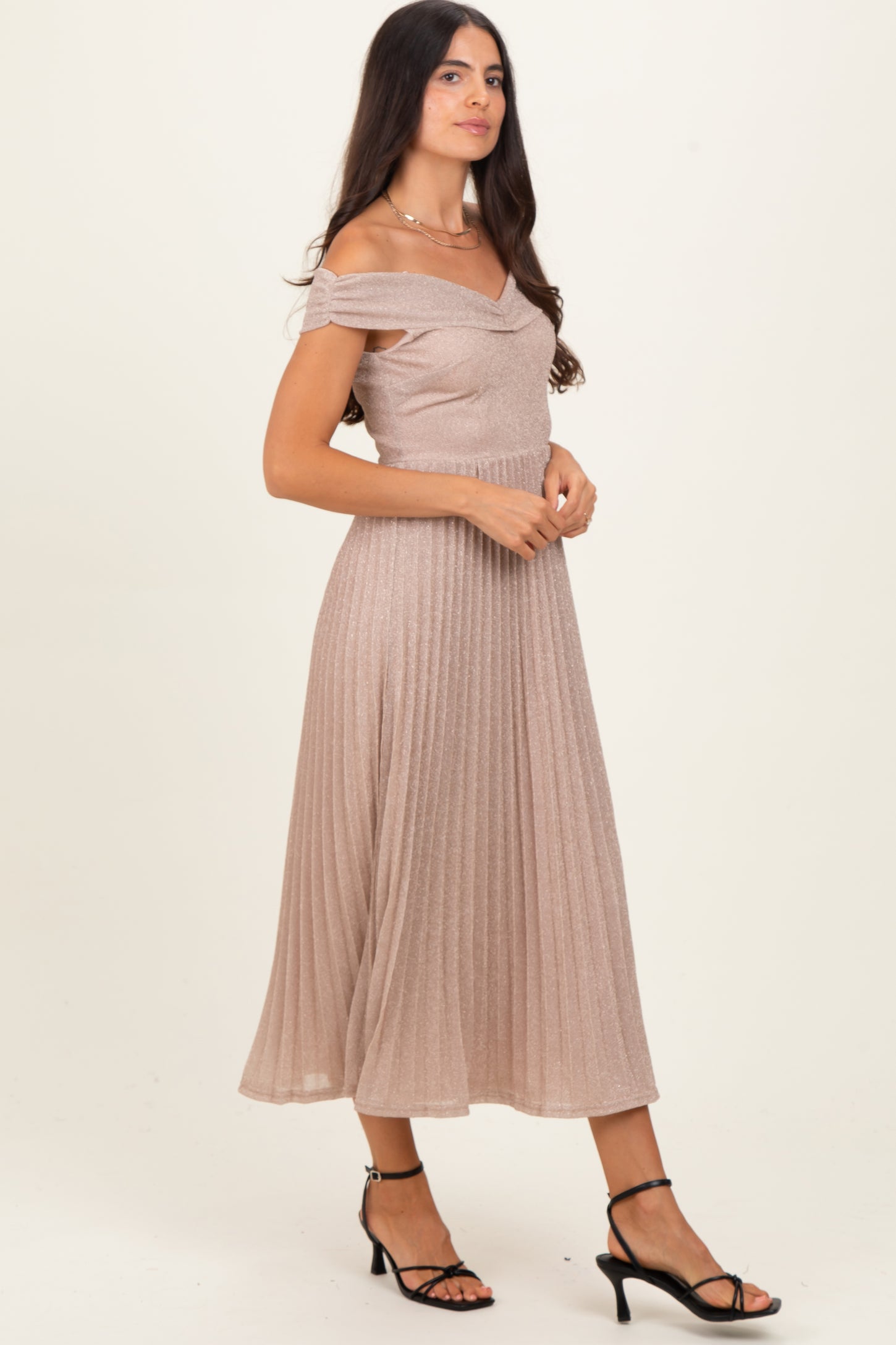 Beige Shimmer Off Shoulder Pleated Midi Dress