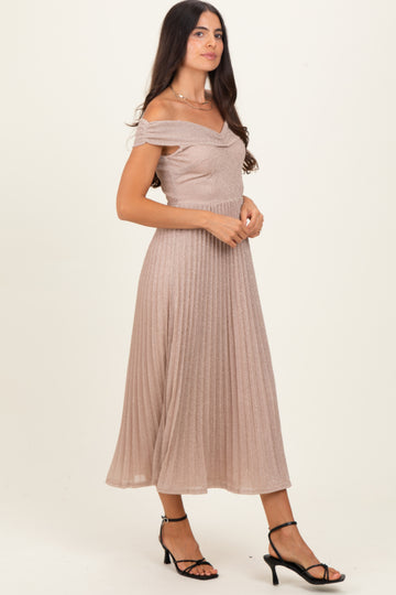 Beige Shimmer Off Shoulder Pleated Midi Dress