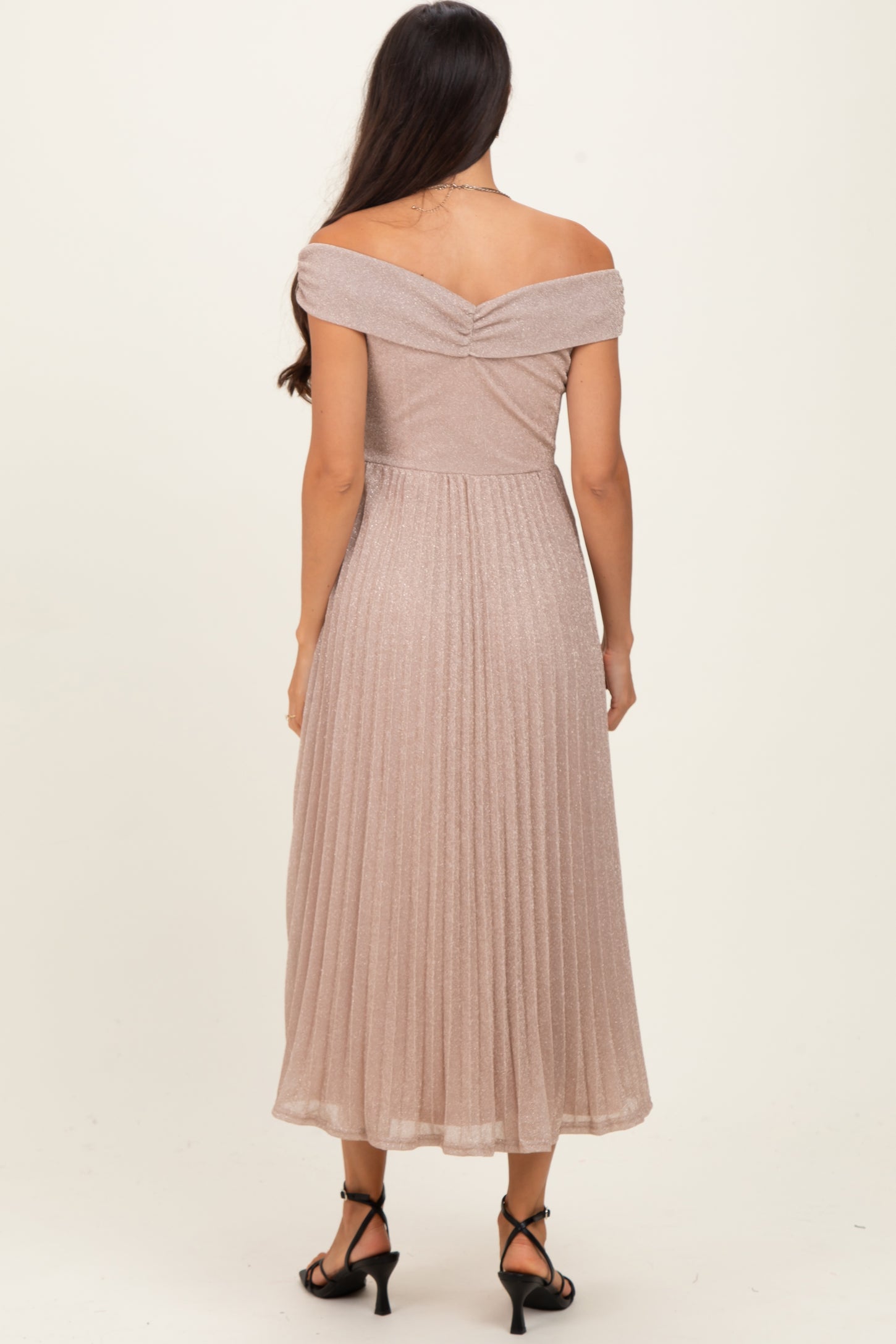 Beige Shimmer Off Shoulder Pleated Midi Dress