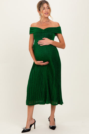 Forest Green Shimmer Off Shoulder Pleated Maternity Midi Dress
