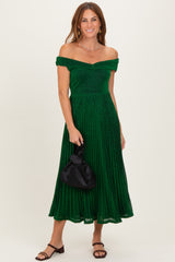 Forest Green Shimmer Off Shoulder Pleated Midi Dress