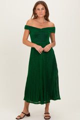 Forest Green Shimmer Off Shoulder Pleated Midi Dress