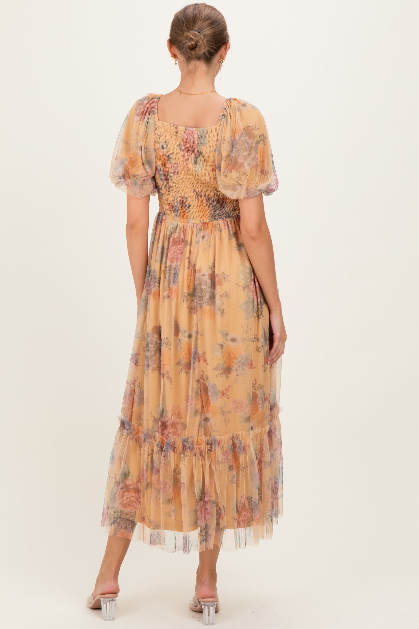 Yellow Floral Tulle Puff Sleeve Maternity Midi Dress