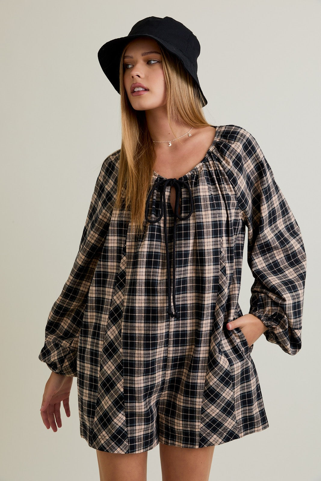 Black Beige Plaid Maternity Romper