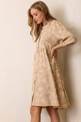 Beige Floral Button 3/4 Long Sleeve Midi Dress