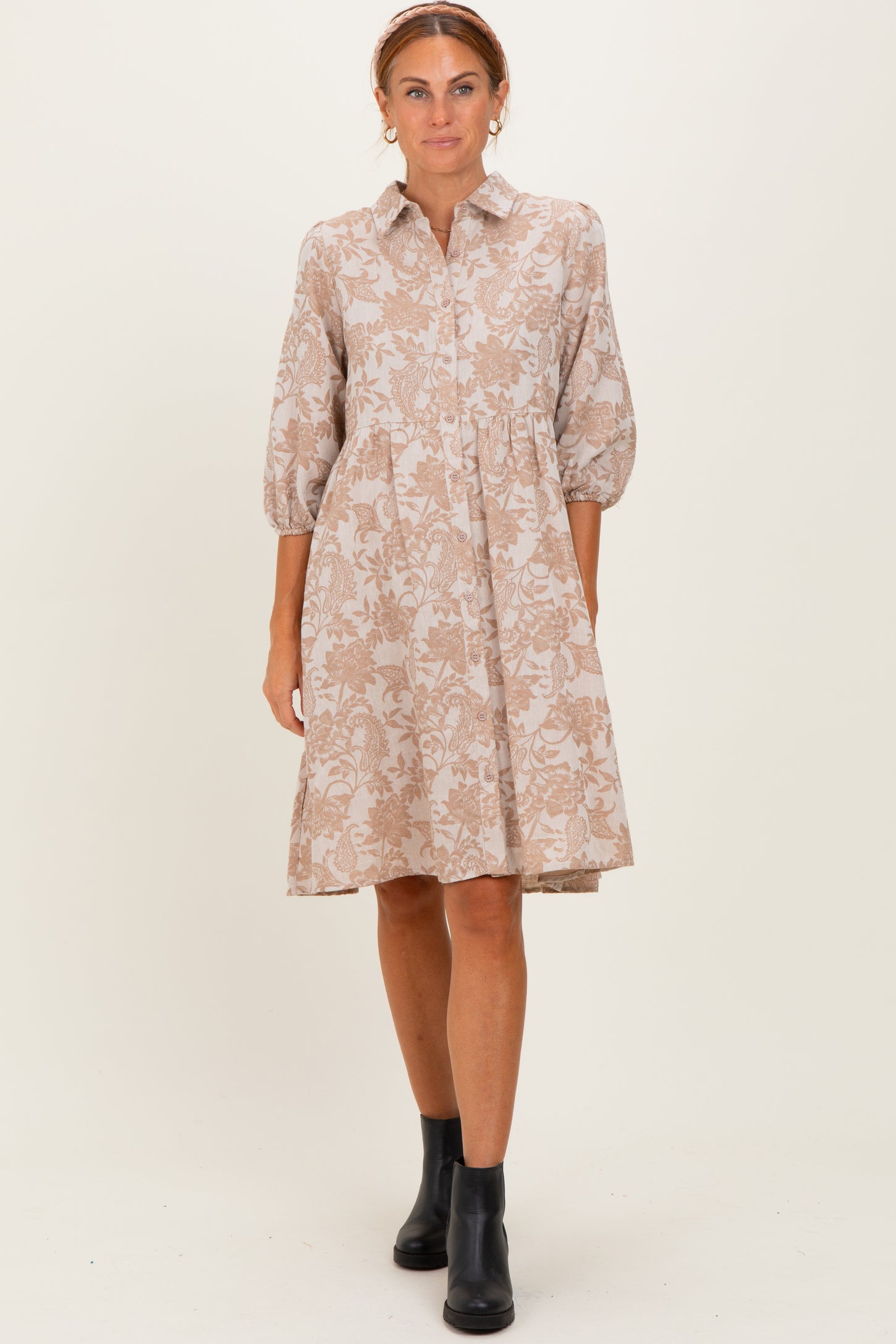 Beige Floral Button 3/4 Long Sleeve Midi Dress