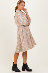 Beige Floral Button 3/4 Long Sleeve Midi Dress