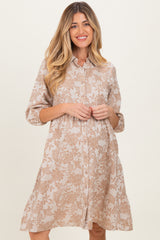 Beige Floral Button Down 3/4 Sleeve Maternity Midi Dress