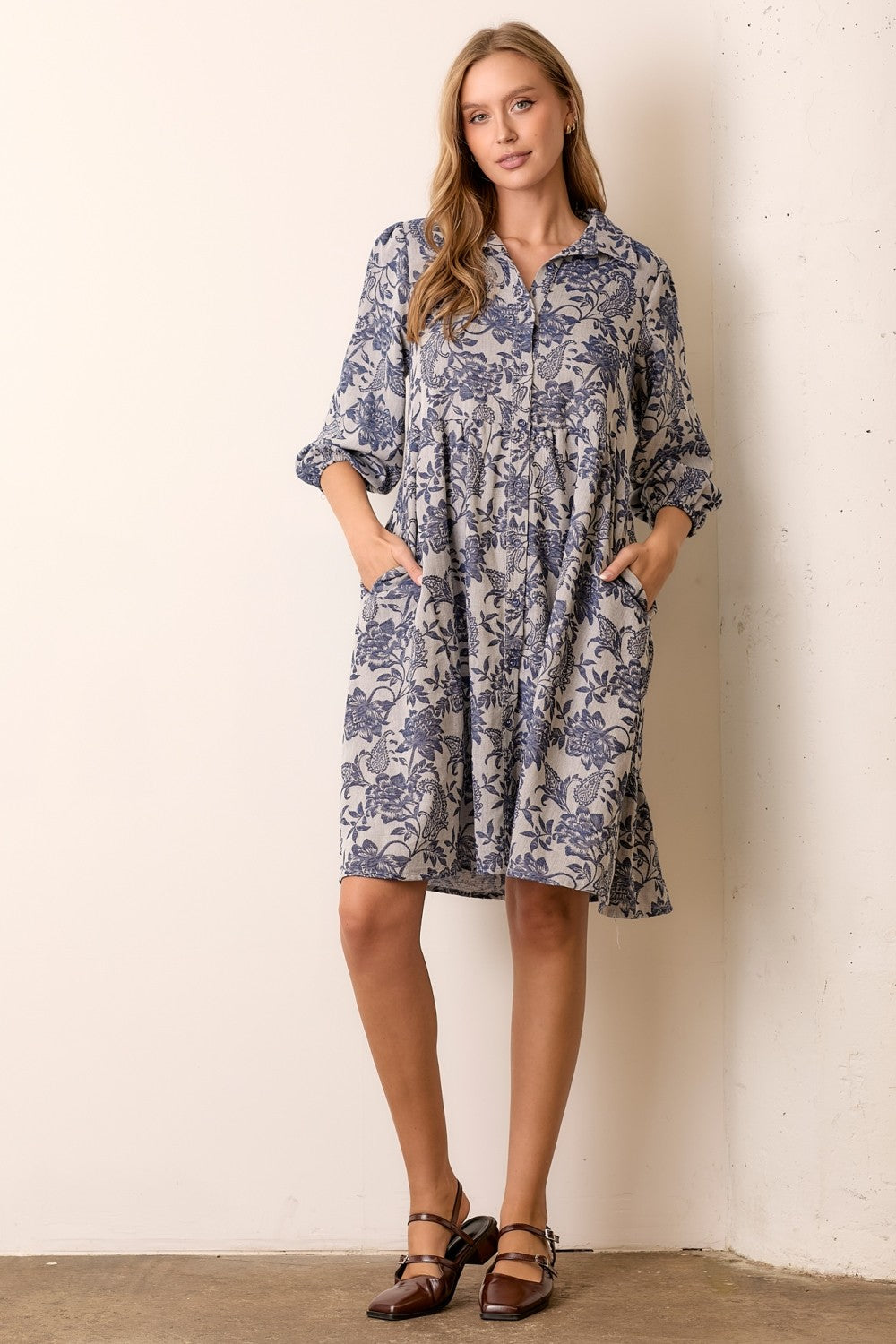 Navy Floral Button Down 3/4 Sleeve Maternity Midi Dress
