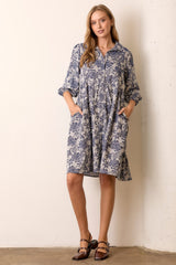 Navy Floral Button Down 3/4 Sleeve Maternity Midi Dress