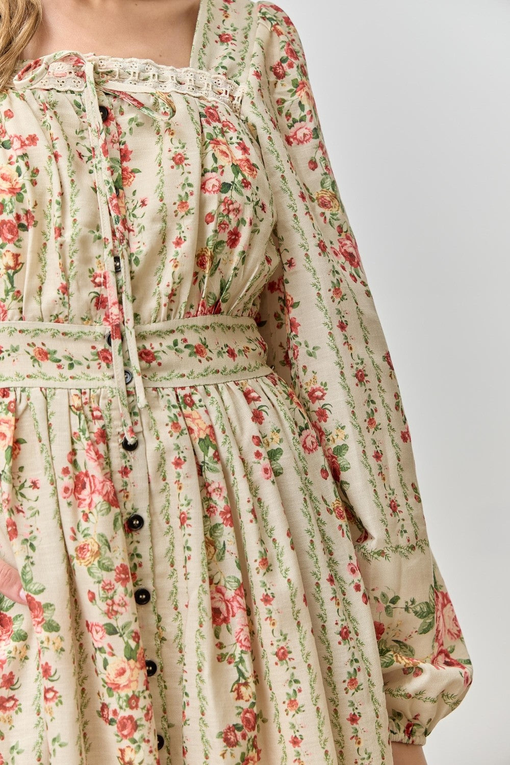 Cream Floral Stripe Button Down Long Sleeve Midi Dress