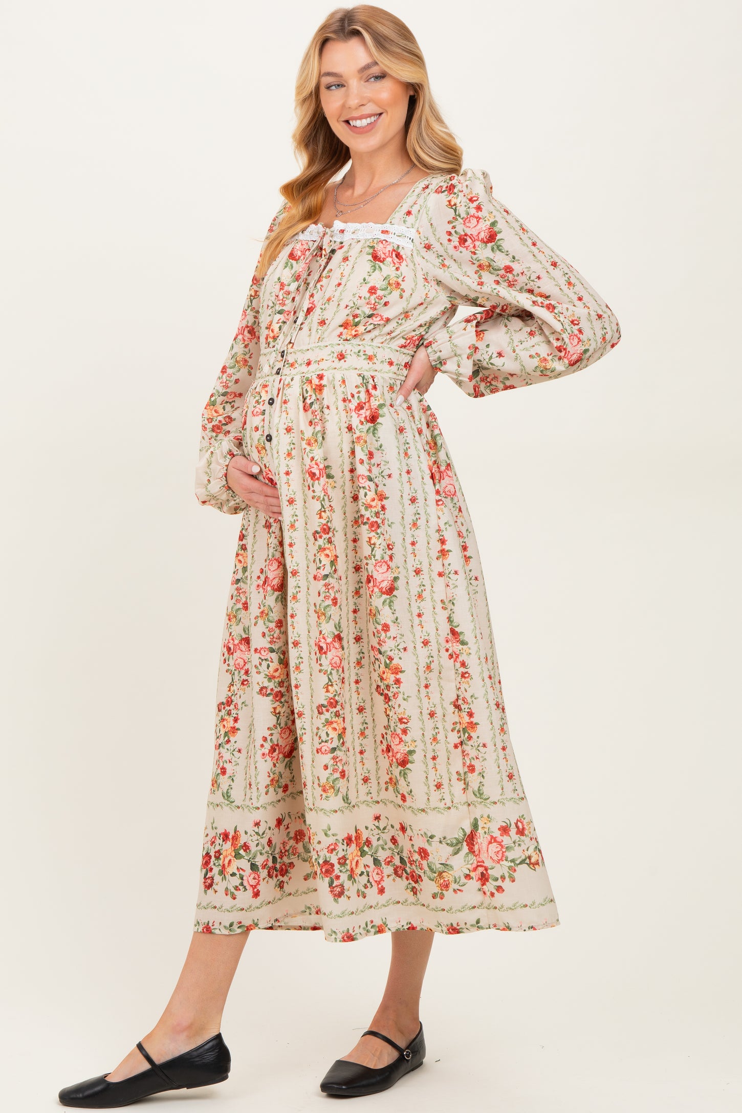 Cream Floral Stripe Button Down Long Sleeve Maternity Midi Dress