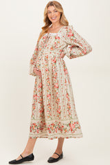 Cream Floral Stripe Button Down Long Sleeve Maternity Midi Dress