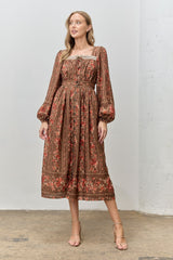 Brown Floral Stripe Button Down Long Sleeve Maternity Midi Dress