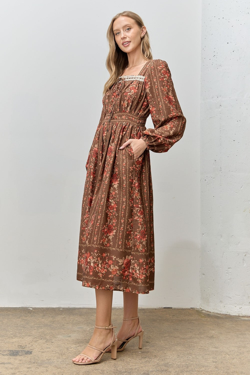 Brown Floral Stripe Button Down Long Sleeve Midi Dress