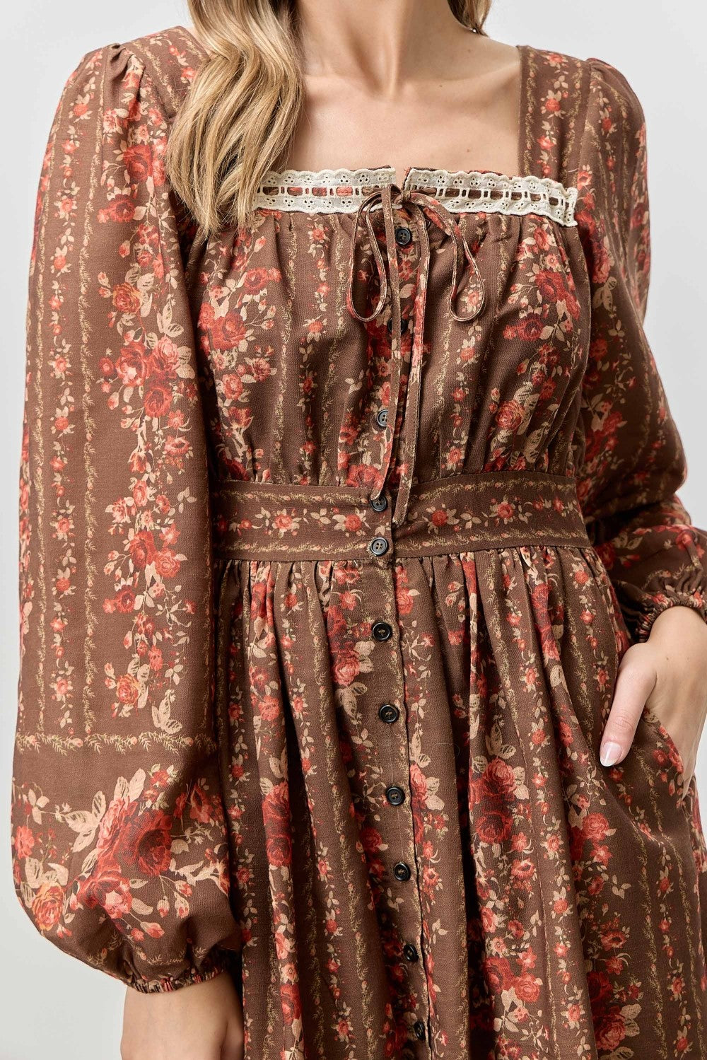 Brown Floral Stripe Button Down Long Sleeve Midi Dress