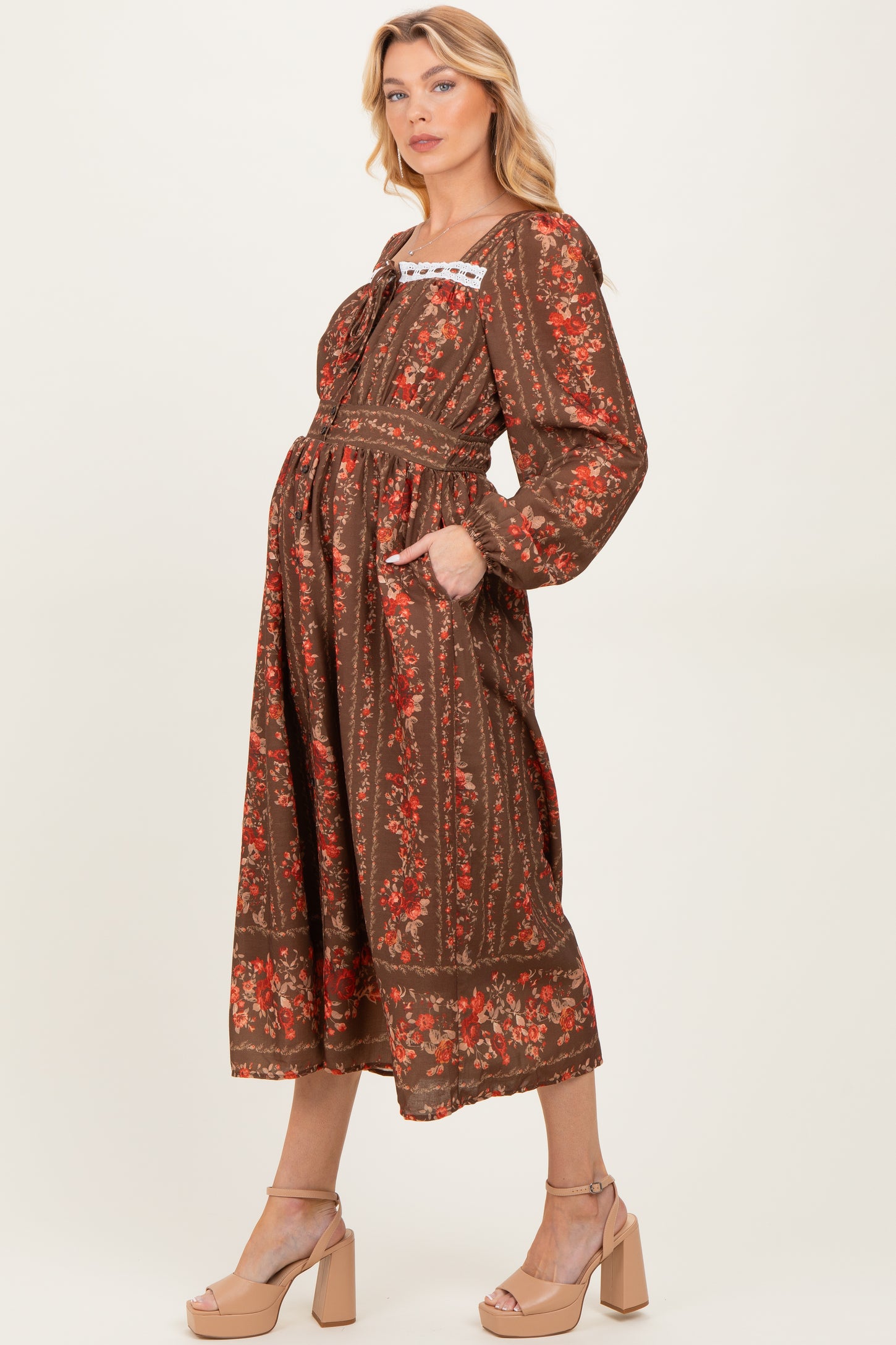 Brown Floral Stripe Button Down Long Sleeve Maternity Midi Dress