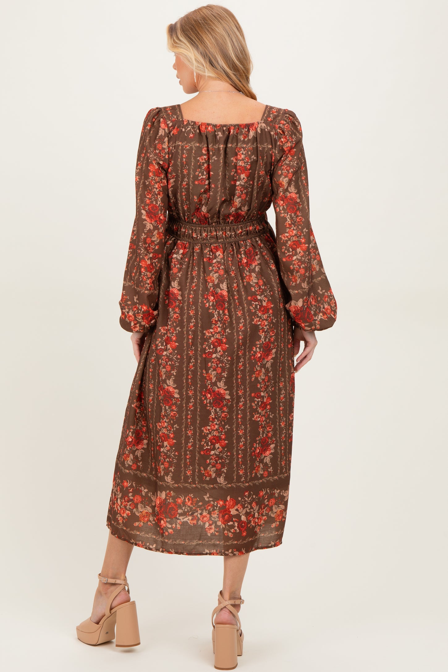 Brown Floral Stripe Button Down Long Sleeve Maternity Midi Dress