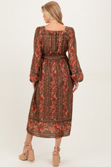 Brown Floral Stripe Button Down Long Sleeve Maternity Midi Dress