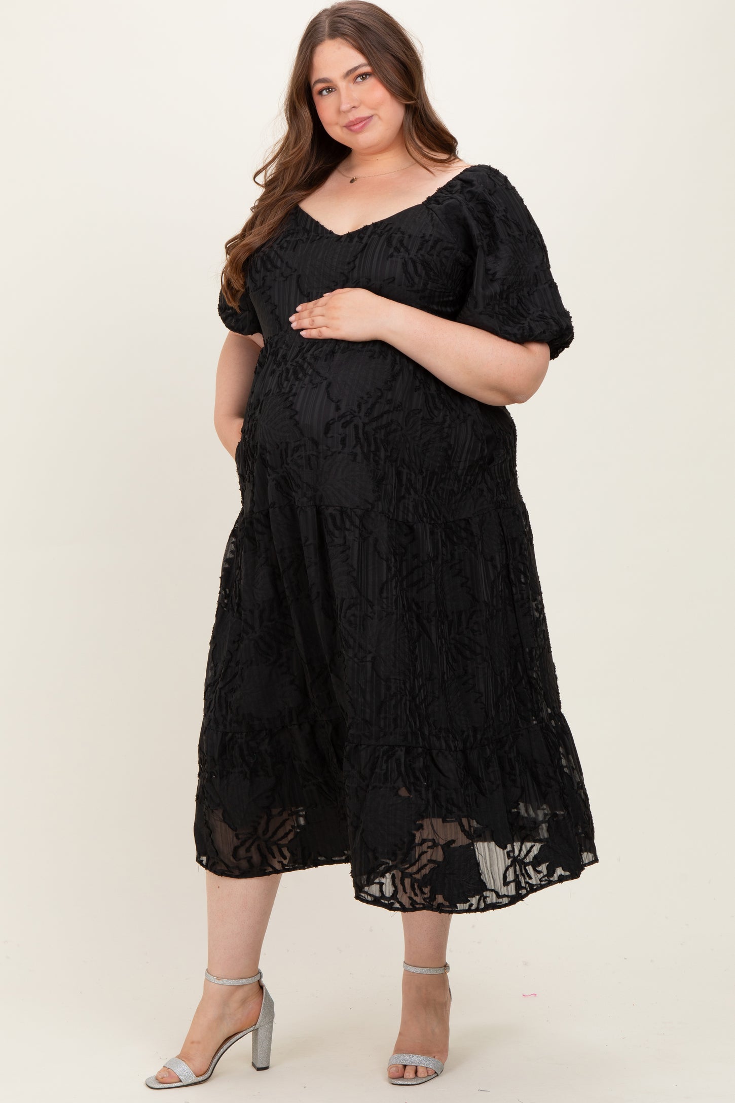 Black Leaf Textured Tiered Maternity Plus Midi Dress