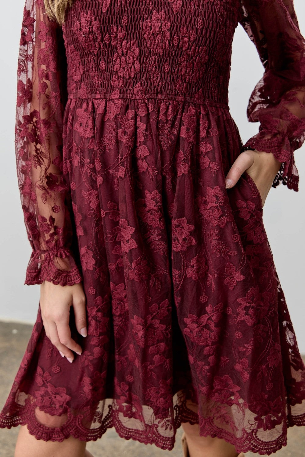 Burgundy Embroidered Lace Smocked Long Sleeve Dress
