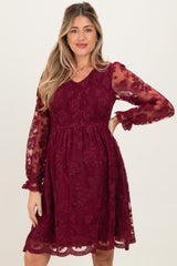 Burgundy Embroidered Lace Smocked Long Sleeve Maternity Dress