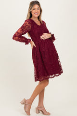 Burgundy Embroidered Lace Smocked Long Sleeve Maternity Dress