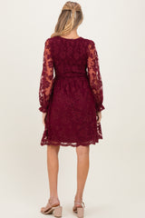 Burgundy Embroidered Lace Smocked Long Sleeve Maternity Dress