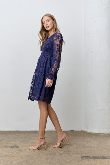 Navy Embroidered Lace Smocked Long Sleeve Dress