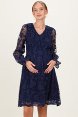Navy Embroidered Lace Smocked Long Sleeve Maternity Dress