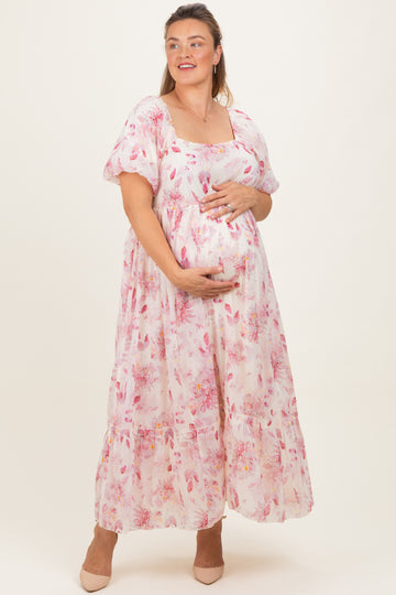 Red Floral Puff Sleeve Plus Maternity Maxi Dress