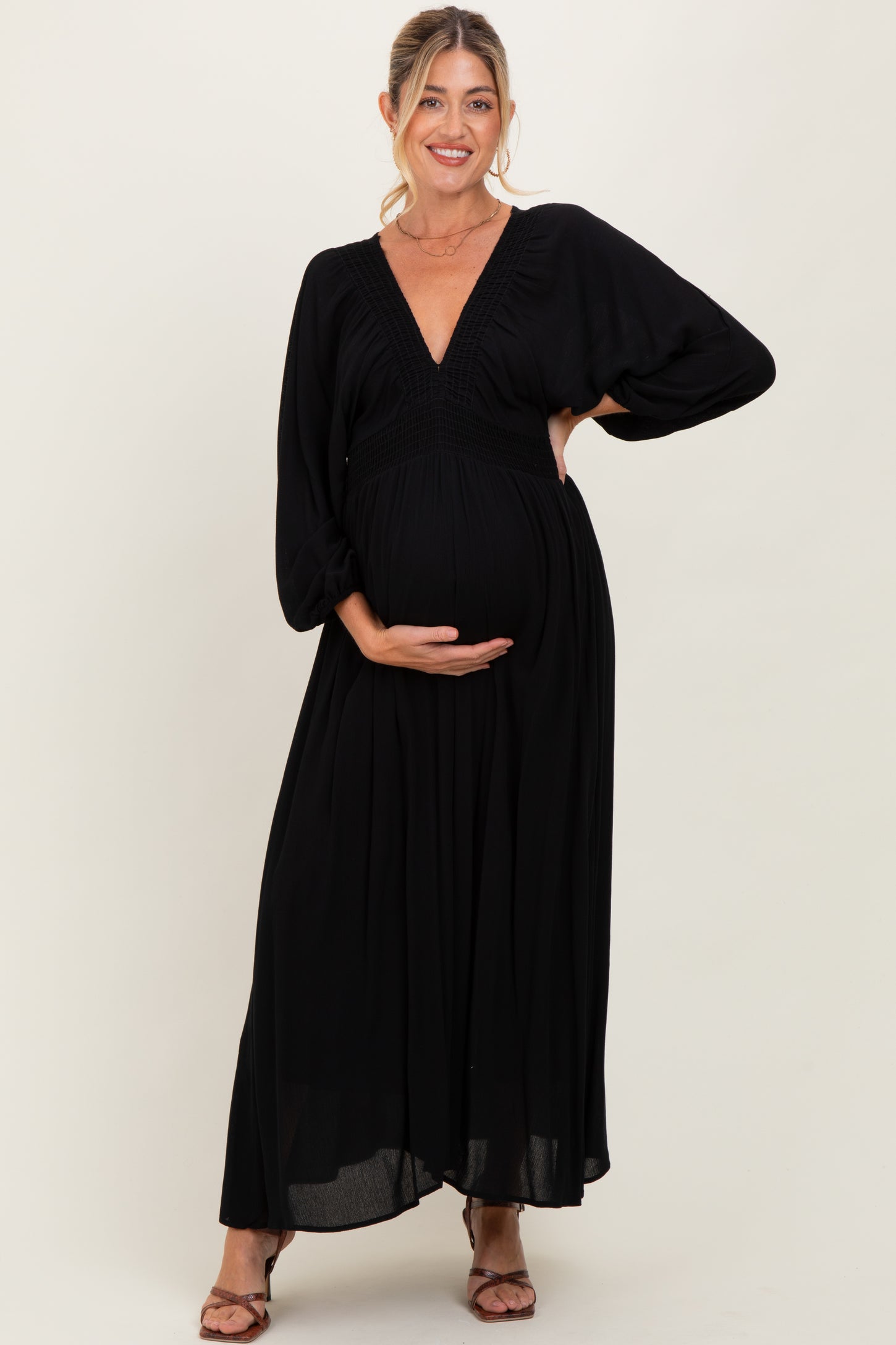 Black Solid Long Sleeve V-Neck Smocked Detail Maternity Maxi Dress