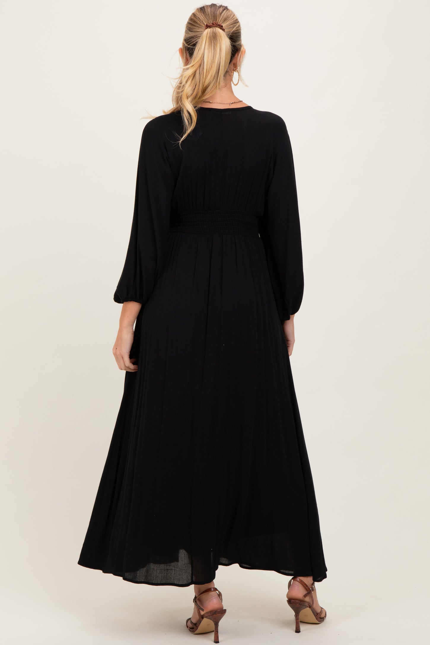 Black Solid Long Sleeve V-Neck Smocked Detail Maternity Maxi Dress