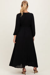 Black Solid Long Sleeve V-Neck Smocked Detail Maternity Maxi Dress