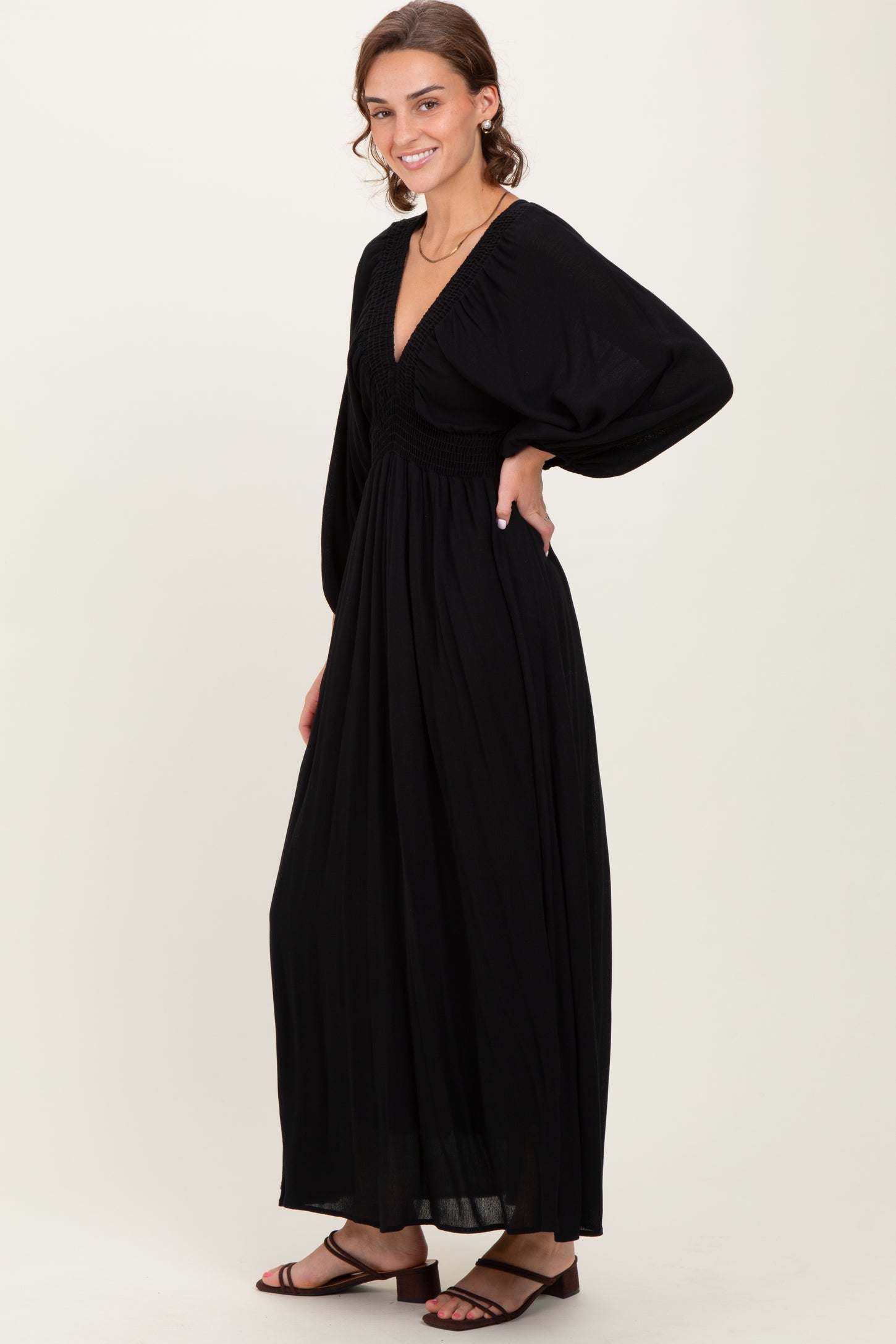 Black Solid Long Sleeve V-Neck Smocked Detail Maxi Dress