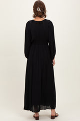 Black Solid Long Sleeve V-Neck Smocked Detail Maxi Dress