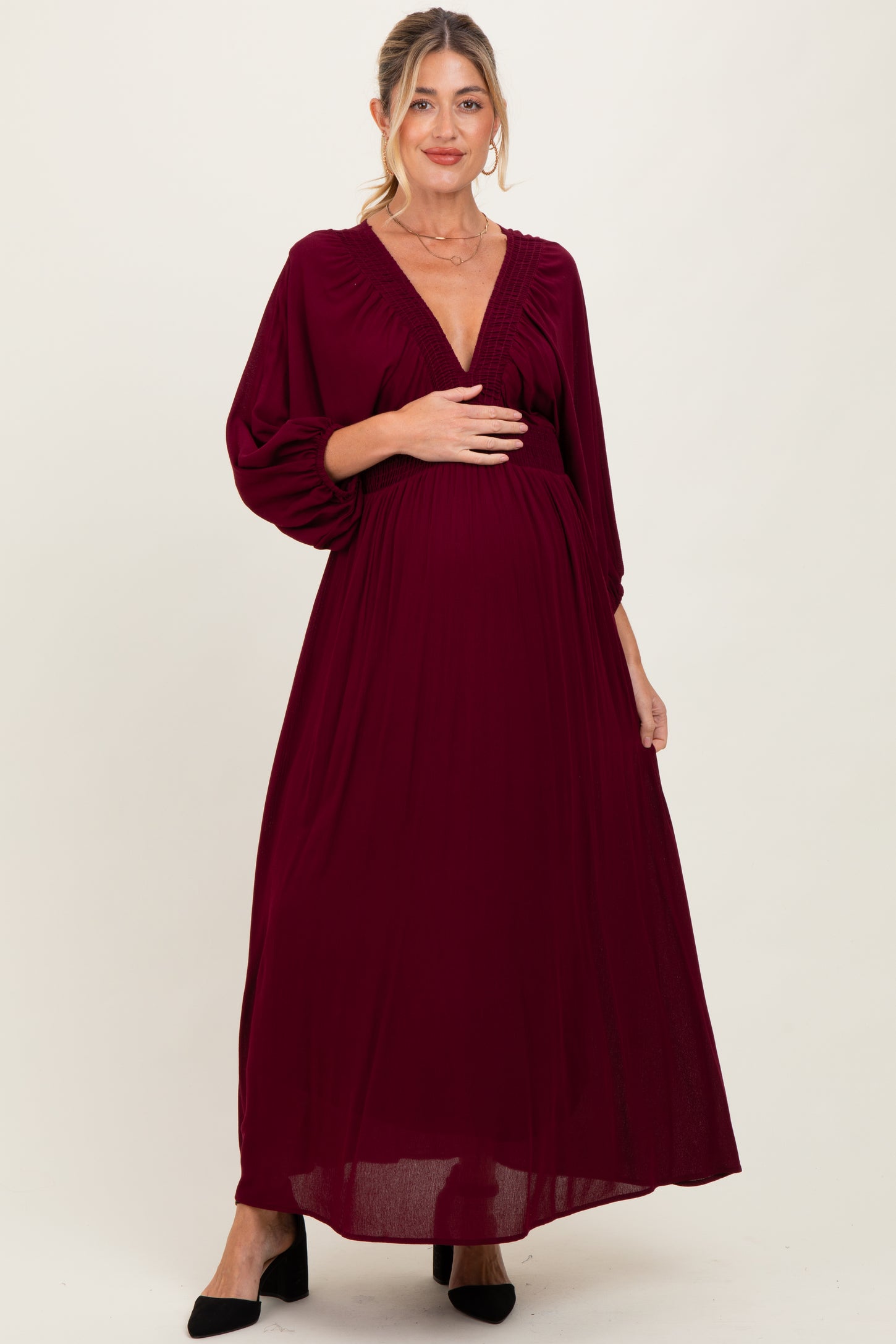 Burgundy Solid Long Sleeve V-Neck Smocked Detail Maternity Maxi Dress