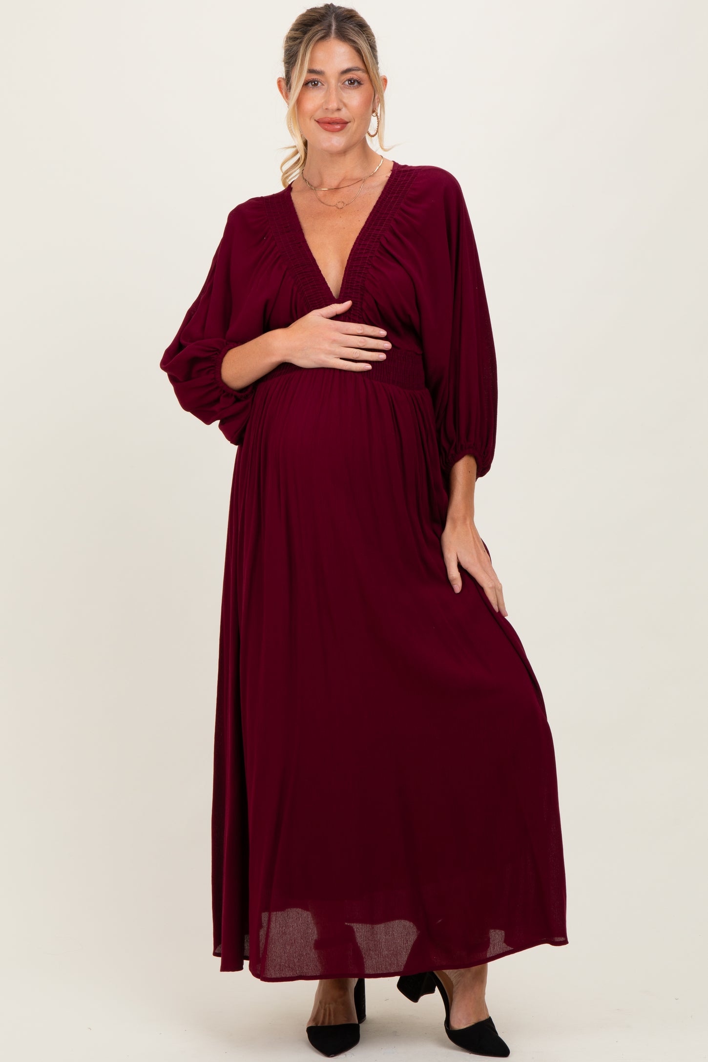 Burgundy Solid Long Sleeve V-Neck Smocked Detail Maternity Maxi Dress