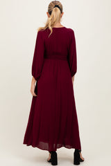 Burgundy Solid Long Sleeve V-Neck Smocked Detail Maternity Maxi Dress
