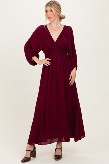 Burgundy Solid Long Sleeve V-Neck Smocked Detail Maxi Dress