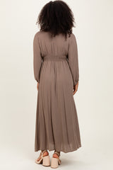 Mocha Solid Long Sleeve V-Neck Smocked Detail Maxi Dress