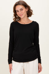 Black Solid Ribbed Ruched Long Sleeve Maternity Top