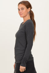 Charcoal Solid Ribbed Ruched Long Sleeve Top