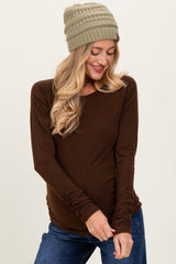 Brown Solid Ribbed Ruched Long Sleeve Maternity Top