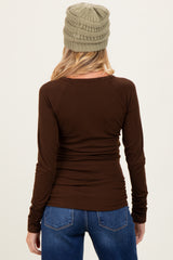 Brown Solid Ribbed Ruched Long Sleeve Maternity Top