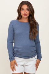 Blue Solid Ribbed Ruched Long Sleeve Maternity Top