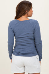 Blue Solid Ribbed Ruched Long Sleeve Maternity Top